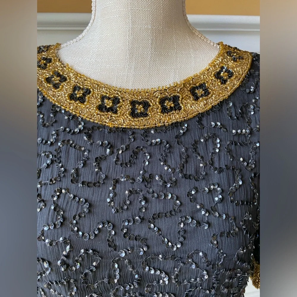 ❌SOLD❌ NWT VTG SCALA XXL FULLY SEQUIN BEADED EVENING BLOUSE BLACK AND GOLD PURE - Picture 2 of 11